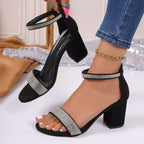 Rhinestone High Heel Sandals Chunky Square Heel Sandals Strappy Shoes