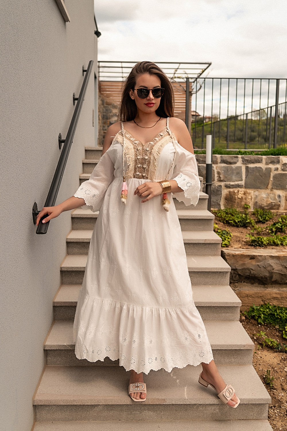 Maxi summer dress with embroidery Fioranna, white
