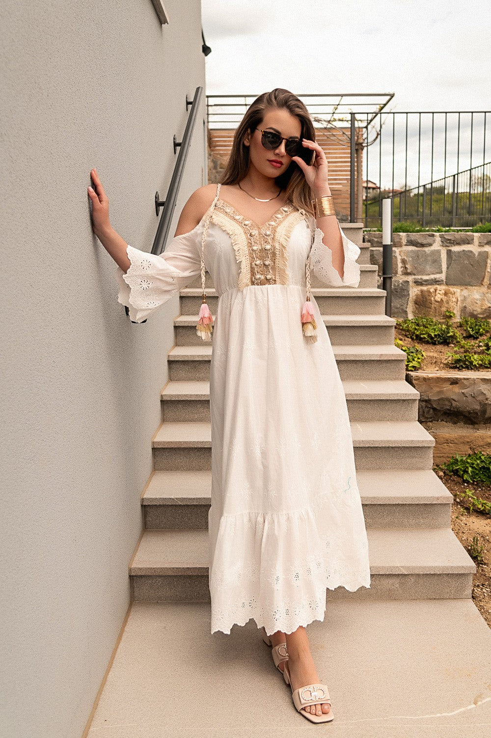 Maxi summer dress with embroidery Fioranna, white