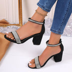 Rhinestone High Heel Sandals Chunky Square Heel Sandals Strappy Shoes
