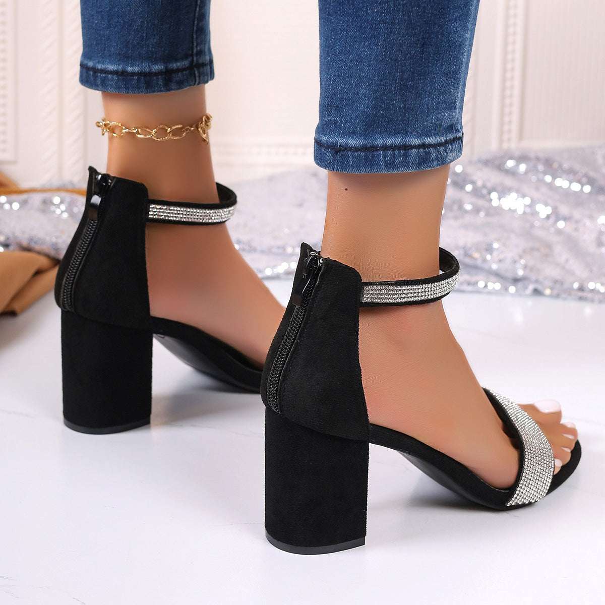 Rhinestone High Heel Sandals Chunky Square Heel Sandals Strappy Shoes