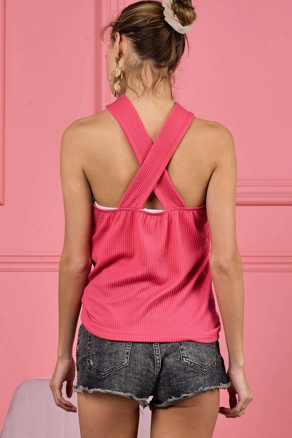 BiBi Lace Knit with Cut Out And Cross Neck Banded Top