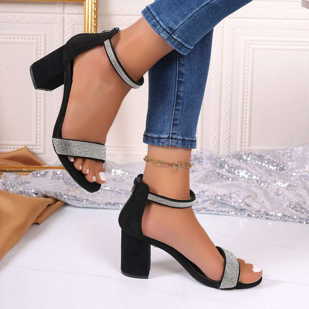 Rhinestone High Heel Sandals Chunky Square Heel Sandals Strappy Shoes
