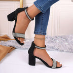 Rhinestone High Heel Sandals Chunky Square Heel Sandals Strappy Shoes
