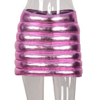 Pink Women's Puffer Skirt Metallic Shiny Warm Quilted Mini A-line