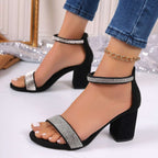 Rhinestone High Heel Sandals Chunky Square Heel Sandals Strappy Shoes