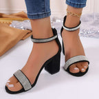 Rhinestone High Heel Sandals Chunky Square Heel Sandals Strappy Shoes