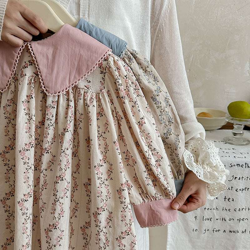 French Style Autumn Girls Floral Argyle Pattern Long Sleeves Dress