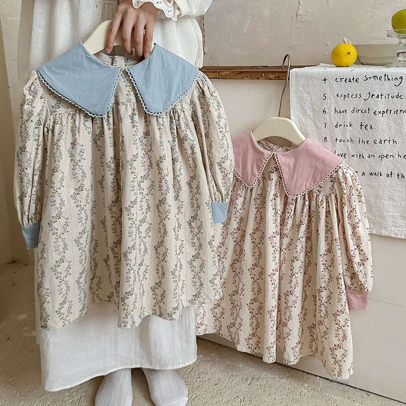 French Style Autumn Girls Floral Argyle Pattern Long Sleeves Dress
