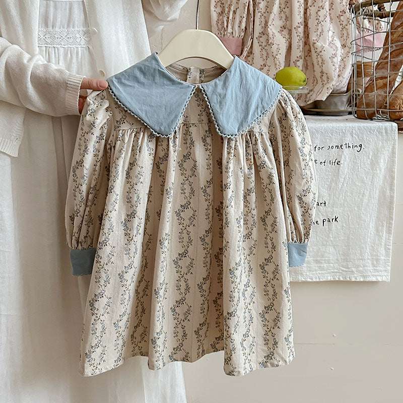 French Style Autumn Girls Floral Argyle Pattern Long Sleeves Dress