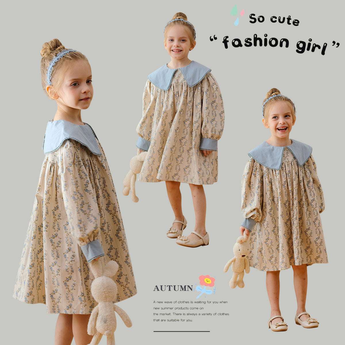 French Style Autumn Girls Floral Argyle Pattern Long Sleeves Dress