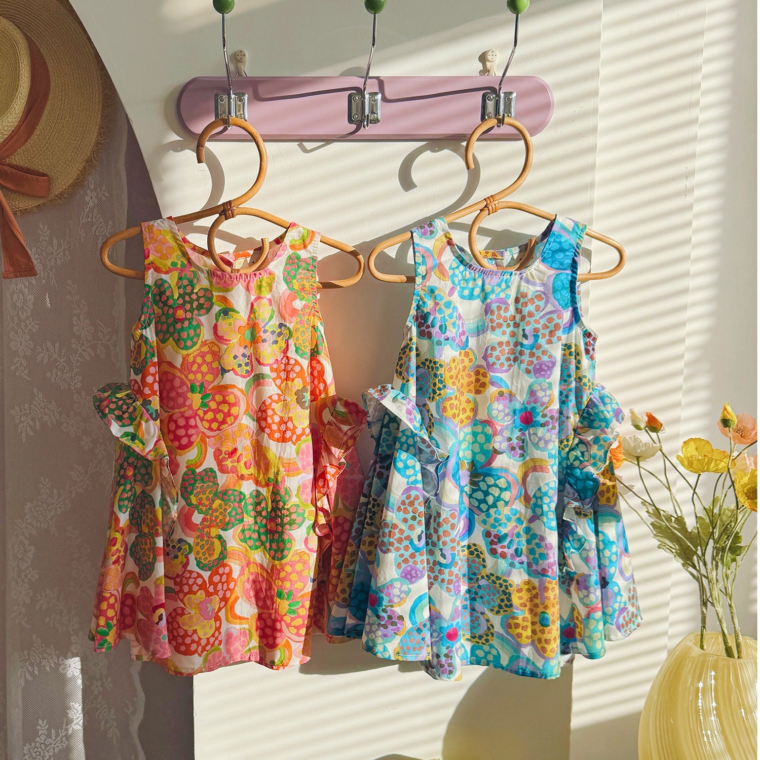 Summer Arrival Colorful Flowers Pattern Crew Neck Sleeveless Dress for