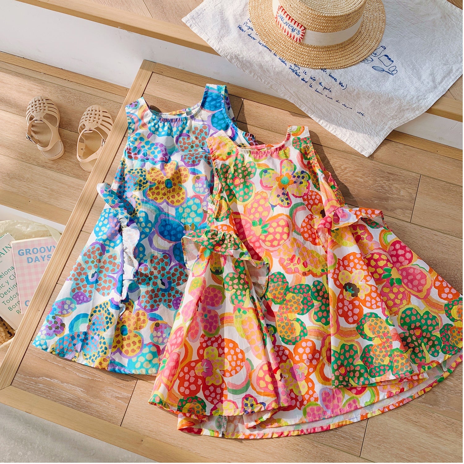 Summer Arrival Colorful Flowers Pattern Crew Neck Sleeveless Dress for