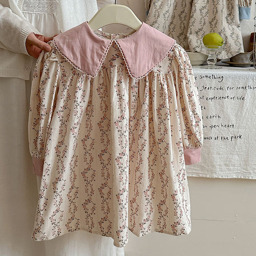 French Style Autumn Girls Floral Argyle Pattern Long Sleeves Dress