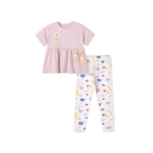 Summer Baby Kids Flowers Pattern Dress and Pants Clothing Set for