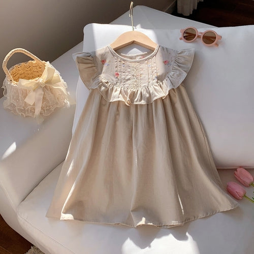 Summer Baby Kids Girls Sleeveless Floral Pattern Printed Brown Dress
